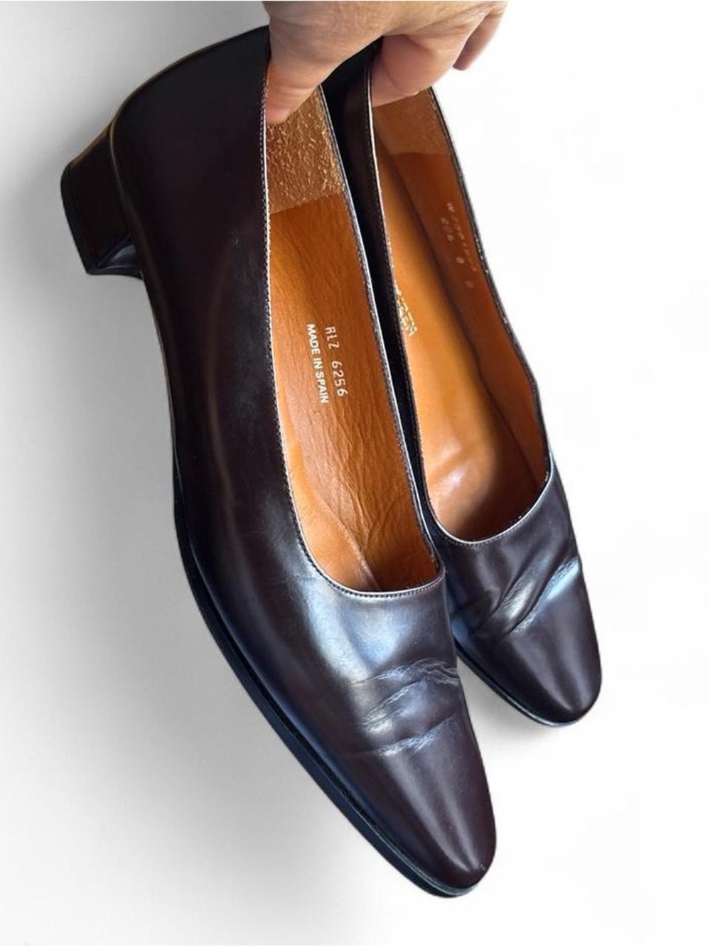 Vintage Ralph Lauren Dark Mahogany Brown Leather Low Block Heel Pumps Spain 8